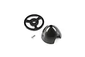 A black plastic RC plane spinner assembly including the cone, backplate, and a small metal screw on a white background.