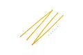 Three yellow plastic wing struts and six small metal screws for an RC plane on a white background.
