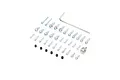 A collection of various metal screws, bolts, and a hex key for RC plane assembly.