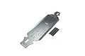A silver aluminium RC main chassis plate for a Losi vehicle, shown from an elevated angle with four black adhesive foam strips included.