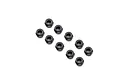 A set of ten black steel 6mm nyloc nuts arranged in a staggered pattern on a white background.