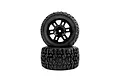 Two Pro-Line 1/16 scale Jaeger MT monster truck tyres pre-mounted on black split-six rims, stacked vertically against a white background.