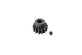 A black steel 14-tooth pinion gear for RC cars, shown with a separate grub screw on a white background.