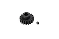 A black steel 18-tooth pinion gear with a matching grub screw on a white background.