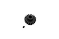 A black steel 20-tooth pinion gear with a small grub screw placed next to it on a white background.