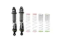 Two Pro-Line PowerStroke black aluminium rear RC shocks with four additional interchangeable springs on a white background.