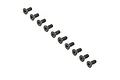 A set of ten black metal countersunk head screws with hex drive sockets arranged in a diagonal line on a white background.