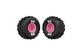 Two ARRMA dBoots Cut Chevron monster truck tyres mounted on bright pink plastic rims against a white background.