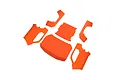 A set of fluorescent orange RC car body panels laid out on a white background.
