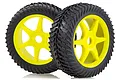 Two off-road RC car wheels with black rubber tires and bright yellow six-spoke plastic rims isolated on a white background.