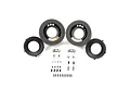 Pro-Line 1.9 inch Rock-Tek tyre weight system components including foam inserts, brass weights, and mounting hardware on a white background.