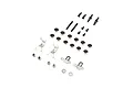 A hardware kit containing various metal screws, nuts, washers, and small metal brackets arranged on a white background.