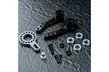 MST aluminium steering arm set including black steering arms, a silver servo horn, screws, washers, and ball bearings on a dark textured surface.