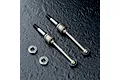 Two MST 42mm lightweight aluminium CVD driveshafts and two ball bearings on a dark textured surface.