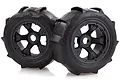 Two Rovan 1/5 scale black beadlock wheels with paddle-style Sand Buster tyres for RC Baja vehicles, shown against a white background.