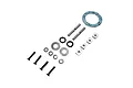 Losi 1/5 scale differential rebuild kit components including screws, pins, washers, O-rings, and a gasket on a white background.