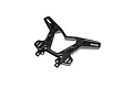 A black anodized aluminium front shock tower for a 1/8 scale RC vehicle, featuring multiple mounting holes and a lightweight, cut-out design.
