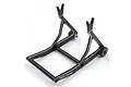 A black aluminium RC car maintenance stand by Yeah Racing, featuring a V-shaped cradle design and small wheels on a white background.
