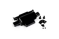 A black anodized aluminium rear bulkhead for an RC car, shown with a set of matching black screws on a white background.