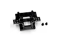 A black anodized aluminium rear bulkhead for an RC car with two small mounting screws, isolated on a white background.