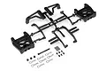 HPI Savage XS shock tower and roll bar parts tree with included hardware like screws, nuts, and body clips on a white background.