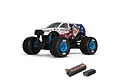 ARRMA Freedom Flyer Grom 1/16 scale RC monster truck with patriotic livery, shown with included Spektrum Smart G2 battery and charger.