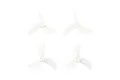 Four clear plastic three-blade propellers for RC drones arranged in a grid against a white background.