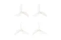 Four clear 3-blade propellers for micro drones arranged in a grid on a white background.