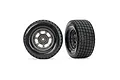 Two Traxxas 1/10 scale Hoosier dirt oval front wheels with graphite grey rims and black rubber tires against a white background.