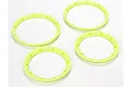 Four bright fluorescent yellow beadlock rings for RC wheels arranged on a white background.
