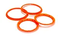 Four bright fluro orange plastic beadlock rings for RC wheels arranged on a white background.