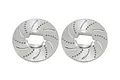 Two silver aluminium RC brake discs with drilled holes and curved cooling slots, shown side-by-side on a white background.