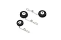 A set of three E-Flite RC airplane landing gear struts with black foam wheels and white plastic hubs on a white background.