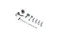 E-Flite control horn set including various grey plastic control horns, servo arms, screws, and small rectangular backing plates.