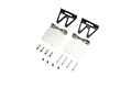Pro Boat RC trim tabs set including two black mounting brackets, two silver metal trim tabs, and a collection of screws and nuts on a white background.