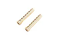 Two brass strut bushings for RC boats, featuring a flanged end and a series of small holes along the length of the shaft.