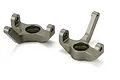 A pair of gunmetal grey aluminium front steering spindles for a Losi RC vehicle, shown from different angles on a white background.