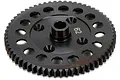 A black Losi steel 62T spur gear for RC vehicles, featuring a central hub and circular weight-reduction holes.