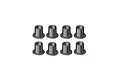 A set of eight small grey flanged bushings arranged in two rows of four against a white background.