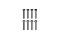A set of eight silver-coloured metal button head screws with hexagonal drive sockets arranged in two rows of four against a white background.