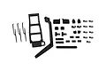 A collection of black plastic RC scale body accessories including a ladder, snorkel, windshield wipers, and various mounting brackets on a white background.