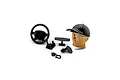 RGT interior detail set including a steering wheel, gear shifters, rearview mirror, and a driver figure head wearing a cap and sunglasses.