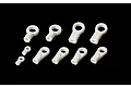 A set of ten white plastic ball ends of varying sizes arranged on a black background.