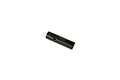 A small, cylindrical black metal idler gear shaft with a single hole drilled through the side, isolated on a white background.