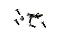 A collection of ten black metal countersunk head screws with hex drive sockets, scattered on a white background.