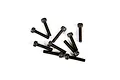 A collection of ten black metal cap head screws scattered on a white background.