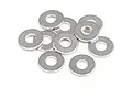 A small pile of ten circular silver-coloured metal washers on a white background.