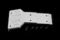 A silver aluminium front skid plate for an RC car, shown with four black screws and two lock nuts on a black background.