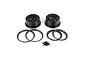 A set of two black Rovan Generation 4 RC wheel hubs with four beadlock rings and a small pile of black mounting screws on a white background.