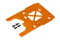 An orange anodized aluminium engine mounting plate for an HPI Savage RC truck, shown with four black countersunk screws on a white background.